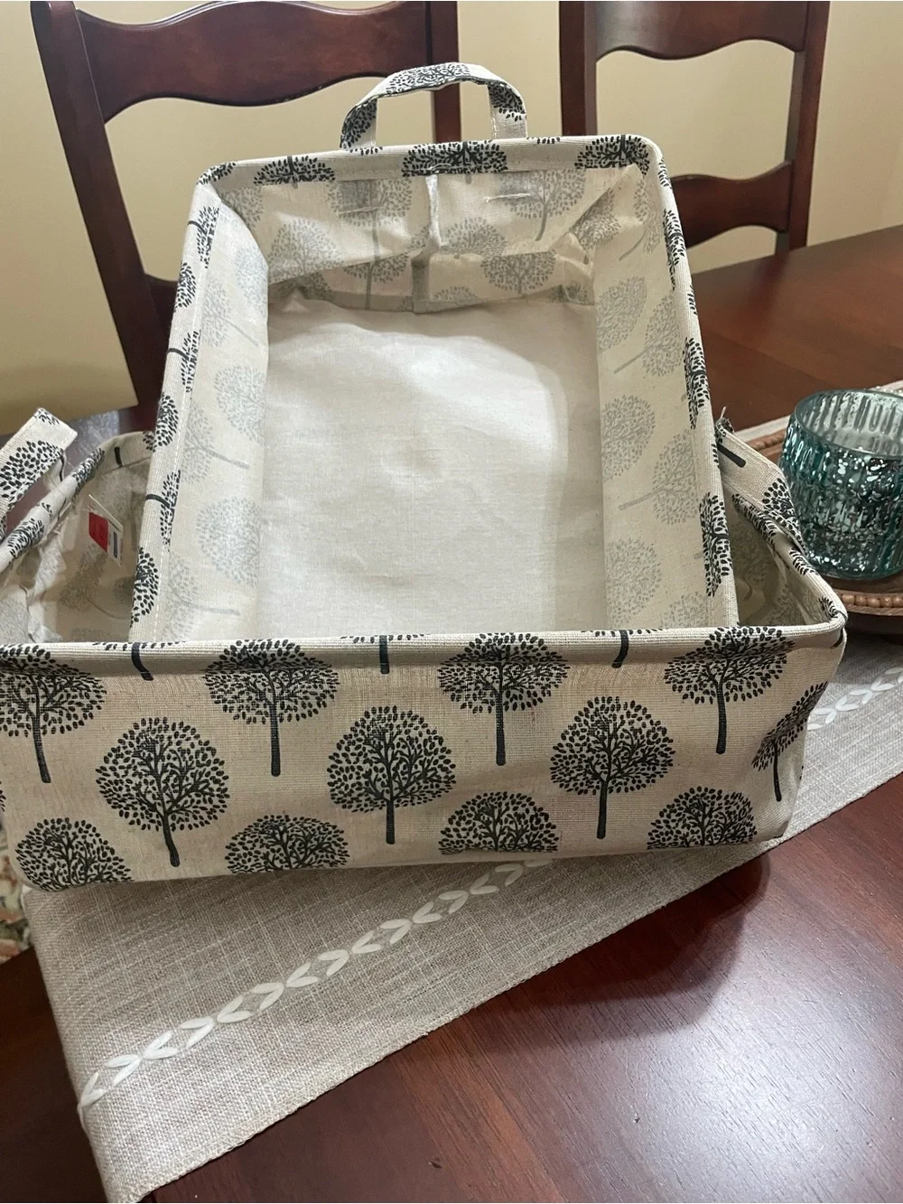 The Container Store Beige and Black Canvas Tree Print Storage Tote- Set of Four
